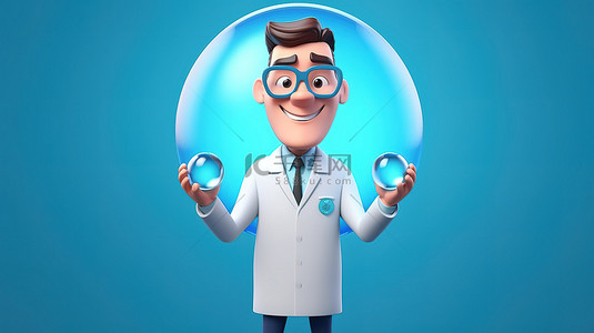 蓝色医护人员背景图片_卡通风格描绘了一位男医生在 3D 插图中拿着一颗大蓝色药丸
