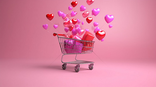 3D 渲染插图，显示一辆装满礼品的购物车在孤立的粉红色背景下飙升