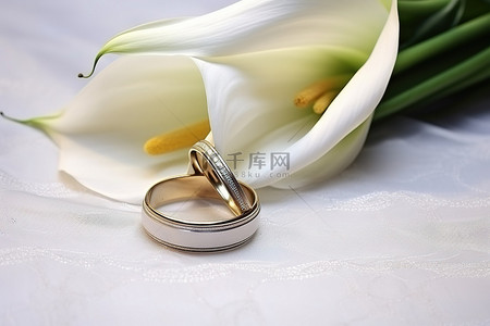马蹄莲在桌子上的结婚戒指