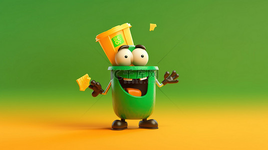 黄色背景上带有绿色交通灯的绿色回收箱字符吉祥物的 3D 渲染