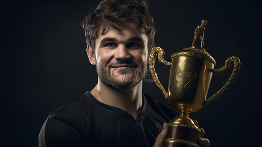 带着奖杯微笑的橄榄球冠军的 3D 合成肖像