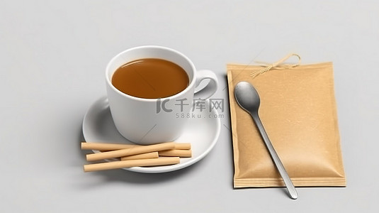 香包样机背景图片_独立牛皮纸棒香包和咖啡杯样机的 3D 渲染
