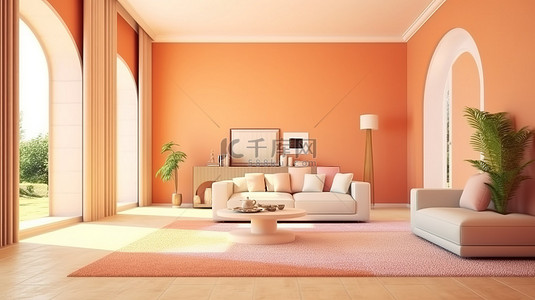 地毯平面背景图片_时尚平面内饰的创意概念，配有奶油色墙壁桃色图案地毯和 3D 渲染