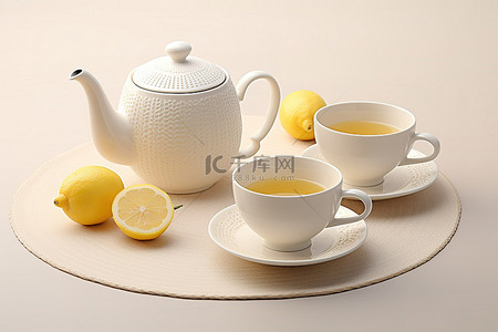 茶倒在杯子和勺子上，柠檬片和茶壶坐在它前面