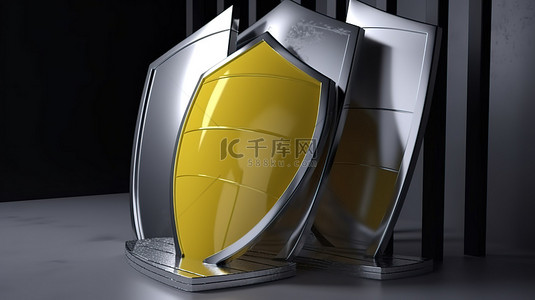 用于安全概念的钢制防护罩图标的银色和黄色 3D 渲染
