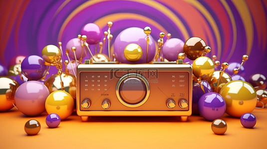 紫色 3D 背景上闪闪发光的收音机，周围环绕着充满活力的球
