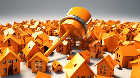 银行抵押背景图片_房地产市场崩溃的插图橙色金属锤击打房屋