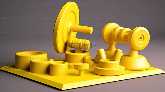显示黄色运动器材 3D 运动讲台，配有哑铃和杠铃