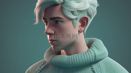 3D 渲染中金发男性角色蓝眼睛和薄荷绿毛衣