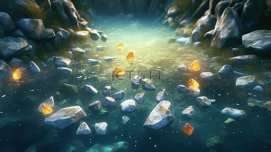 石碎片在溪流中漂流的 3d 插图