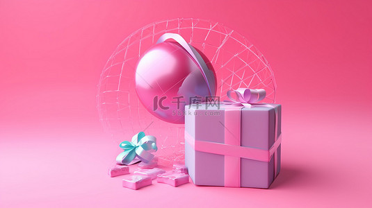 情人节横幅水晶球和礼品盒 3D 插图