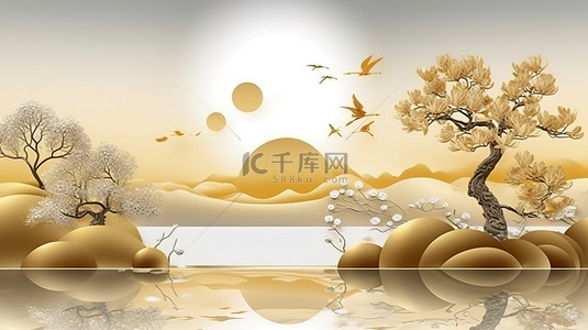 灰色云彩背景背景图片_金色的阳光和云彩照亮了浅灰色背景上的 3D 中国山水艺术作品，树叶和水