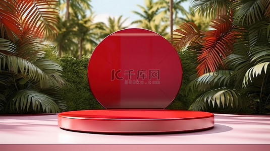 热带树木背景图片_3D 渲染现代热带背景，带有醒目的红色讲台用于产品展示