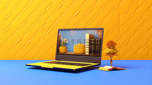 蓝色桌子，配有笔记本电脑和黄色背景上卡通风格书籍的 3D 渲染