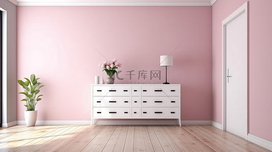 敞开的现代走廊中粉色墙壁和白色梳妆台的 3D 渲染