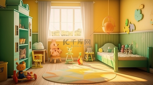 房子里俏皮的儿童卧室或托儿所的 3D 渲染