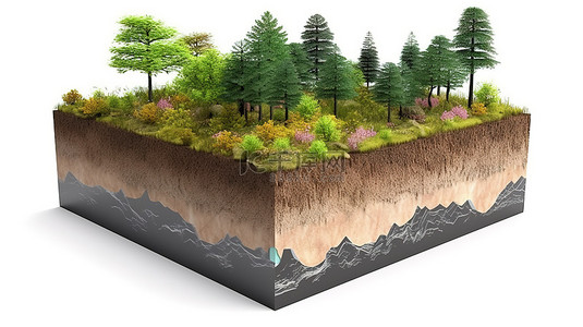 3d 立方体横截面中的美丽林地，白色背景上有树木土壤和地质生态图