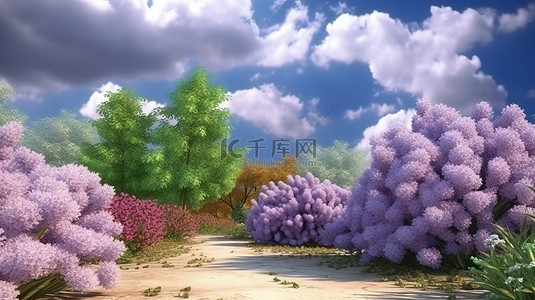 夏日 3D 插图上繁盛的花园沙路丁香灌木和多云的天空