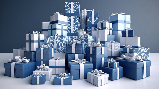 各种蓝色和白色礼品盒，上面装饰着不同尺寸的丝带，以 3D 渲染