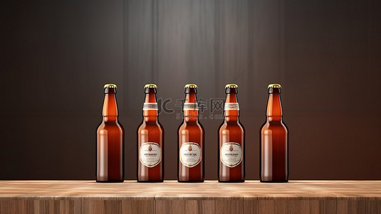 背景板上的三瓶啤酒，带有海报模拟 3D 渲染