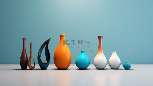 3D 渲染的各种形状独特的当代陶瓷花瓶