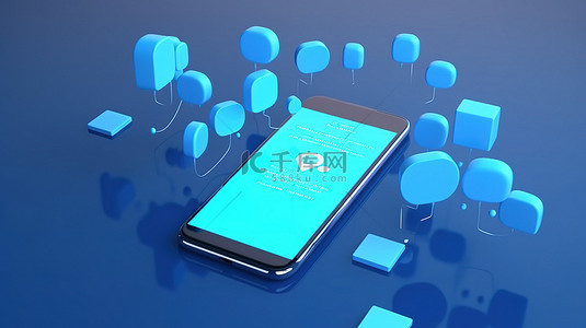手拿iphone7样机背景图片_带有蓝色背景聊天框缩略图 url 的 iphone 的 3d 渲染