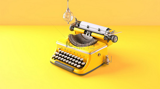 激发灵感背景图片_古董打字机激发 3D 渲染中黄色背景的创意灯泡