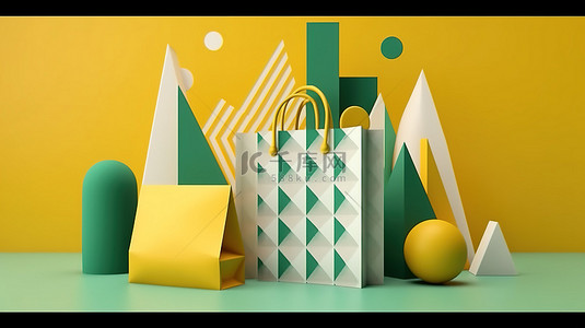 黄色和绿色几何孟菲斯形状构成购物袋的 3D 渲染插图