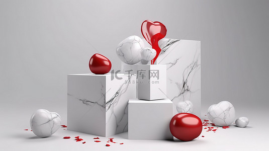 3D 渲染的大理石礼品盒，适用于白色背景的情人节垂直海报