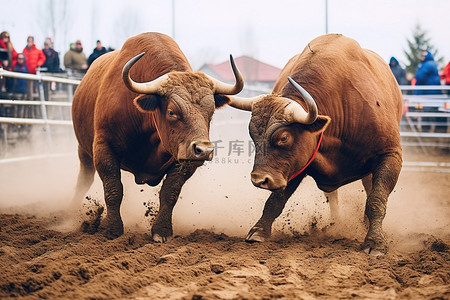 健壮公牛背景图片_两只公牛在泥土地上互相打斗