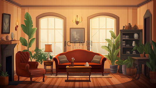 中式客厅卡通背景图片_客厅空间建筑多种植物