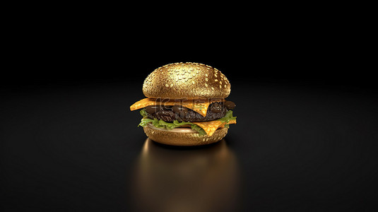 牛肉三明治背景图片_黑色背景上金色汉堡的 3D 渲染插图