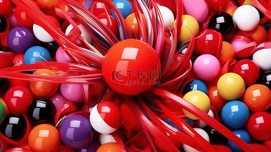 充满活力的红色背景，彩色球和美发元素以 3d 呈现