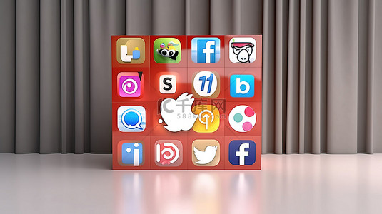 白板的 3D 渲染，具有社交媒体业务营销和物联网应用程序的图标