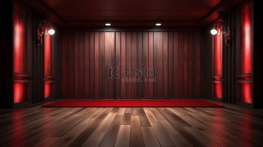佳能拍摄背景图片_带木质背景软箱照明红地毯和障碍 3D 渲染的贵宾概念摄影工作室