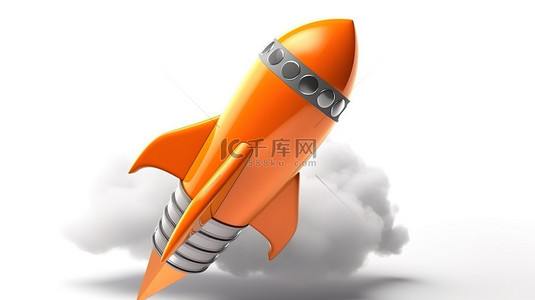 白色背景中带云的橙色火箭 3D 渲染