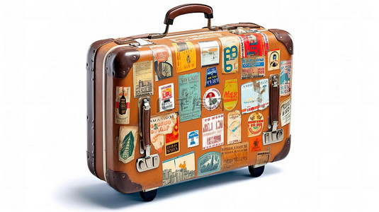 复古行李箱，带有白色背景 3D 渲染上隔离的旅行贴纸