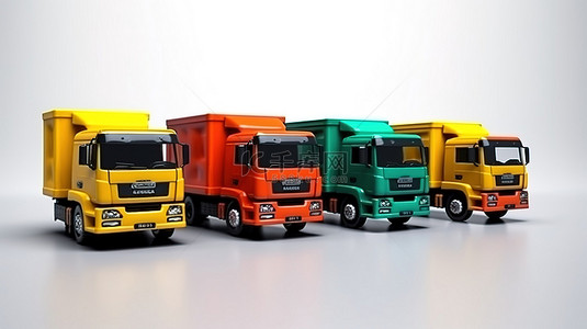 商务白色背景图片_用于物流广告的闪亮金属玩具模型卡车的 3D 渲染
