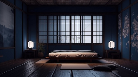 床和榻榻米背景图片_热带房间内部配有日本设计的深蓝色卧室和榻榻米地板 3D 渲染