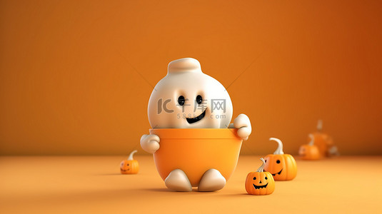 万圣节主题背景，可爱的 3D 鬼魂拿着南瓜桶