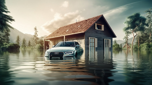 灾害天气背景图片_被淹没的房屋和汽车的 3d 渲染