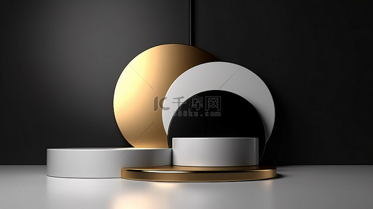 设计产品海报背景背景图片_简约设计产品场景，黑色和金色背景 3D 渲染上带有抽象金色和白色讲台