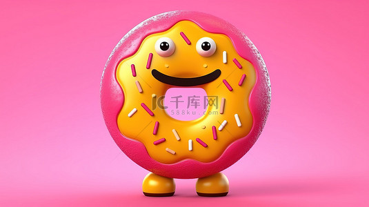 一个大草莓粉色釉面甜甜圈角色吉祥物的 3D 渲染，在充满活力的黄色背景上拿着一个篮球