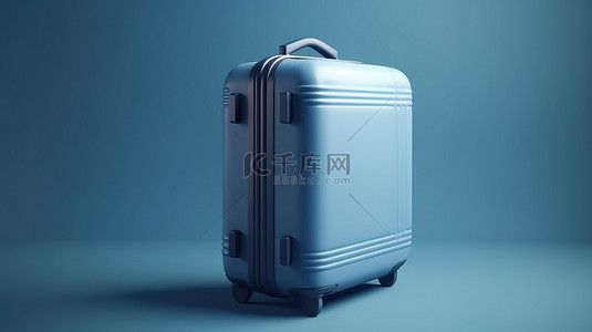 最小风格 3D 渲染蓝色手提箱，表示蓝色背景上的旅游和旅行