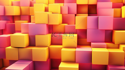 堆叠方形结构3D渲染中的抽象粉色和黄色渐变几何背景
