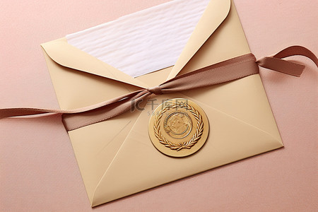 一枚金牌和丝带放在带有邮票的金信封上