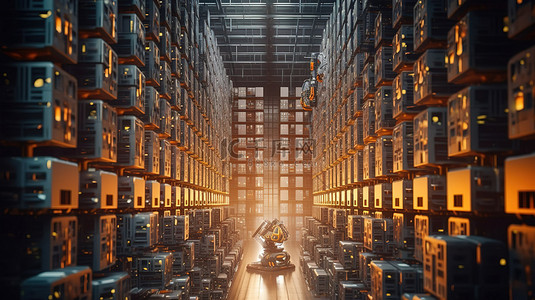 工业生产png背景图片_3D 渲染描绘了带有自动化机器人工人的未来仓库