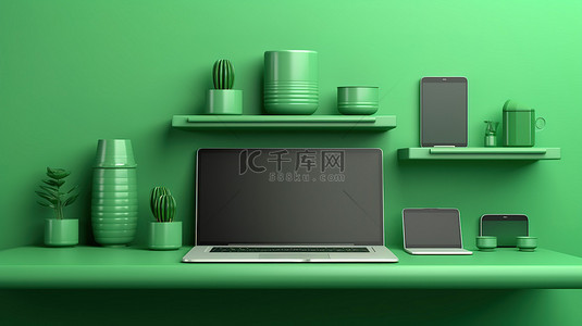 绿色墙架，配有笔记本电脑手机和平板电脑，水平布局 3D 插图
