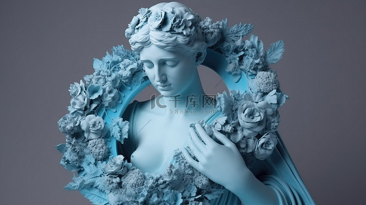 石膏雕塑背景图片_拿着花圈的蓝色 3D 渲染雕塑
