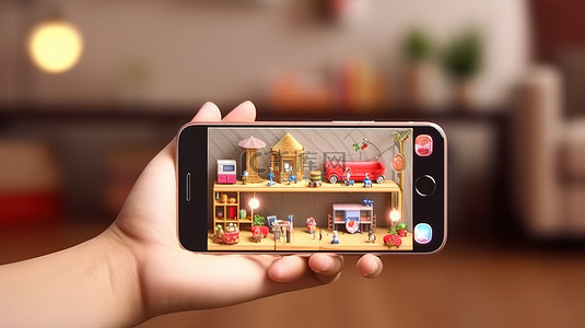 现代客厅的 3D 渲染，可爱的手拿着智能手机和 YouTube 图标，描绘未来的技术概念